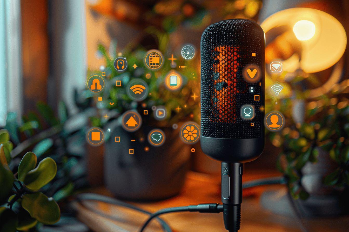 Microphone connecté à un système numérique avec des icônes lumineuses sur un fond de plantes