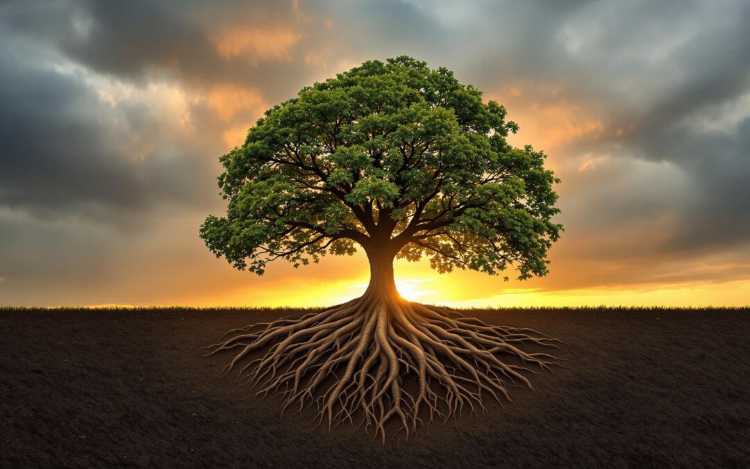 Arbre avec racines apparentes au coucher du soleil