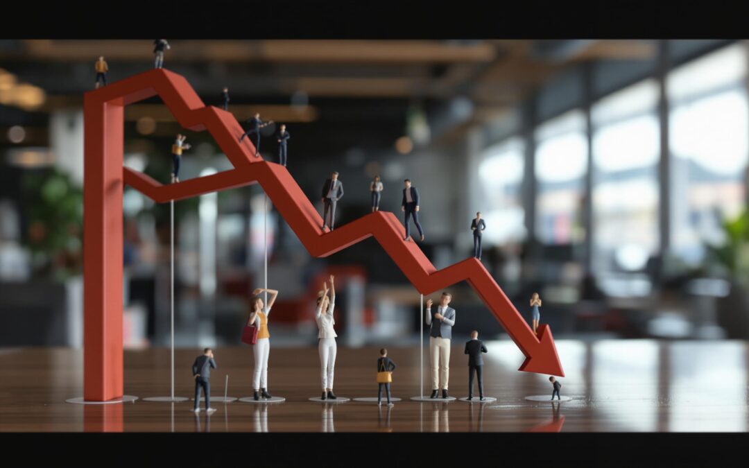 Miniature people on a declining red arrow.