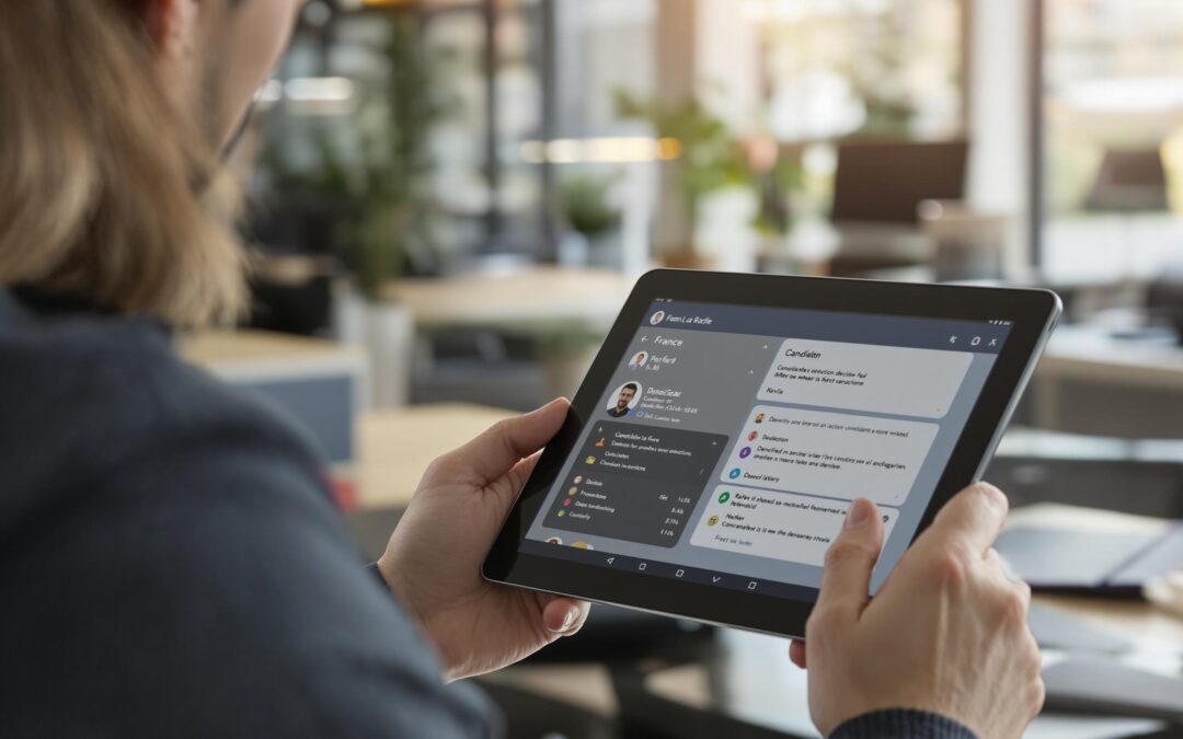 Person using a tablet with a candidate management application.