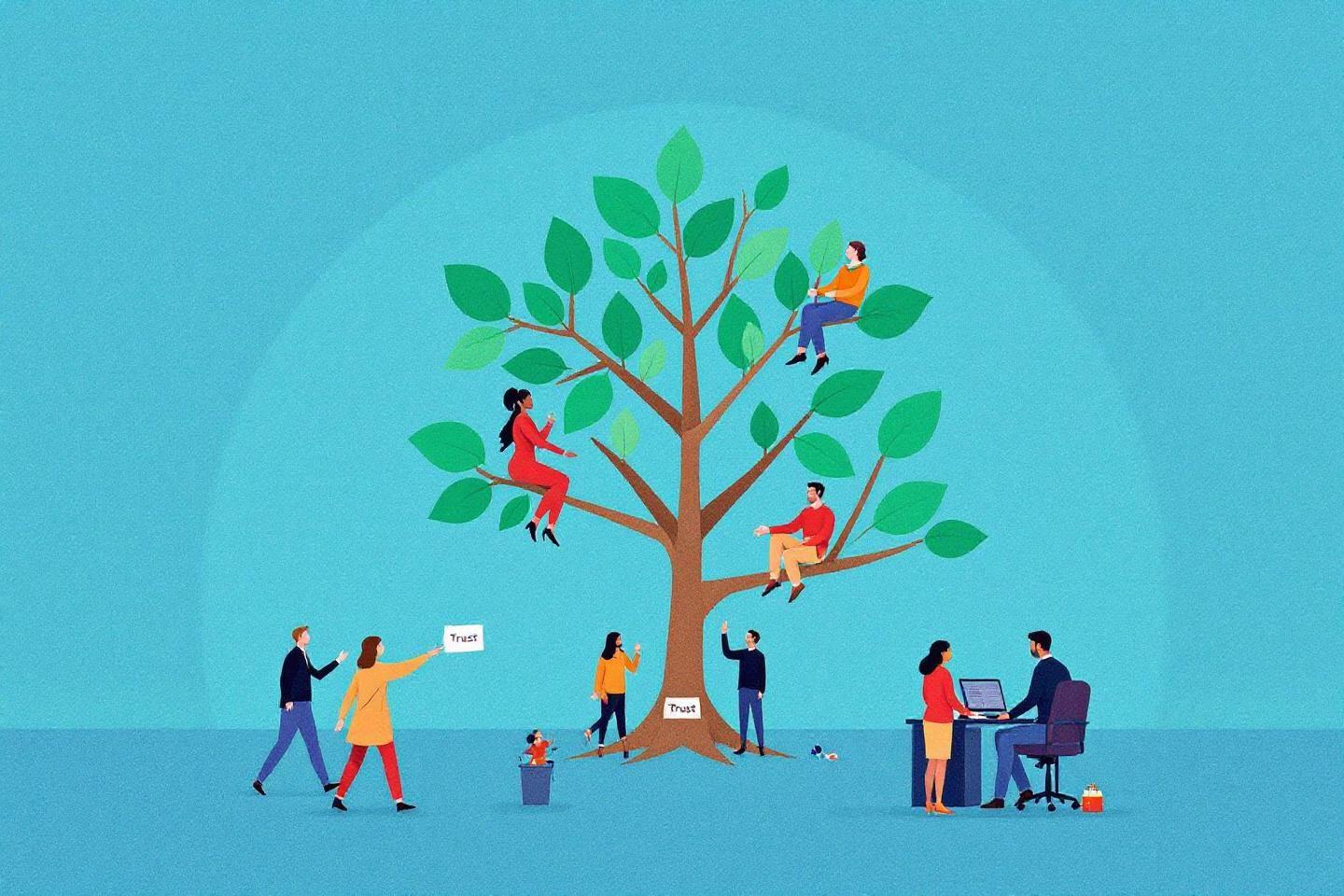 Personnes collaborant autour d'un arbre symbolisant la croissance