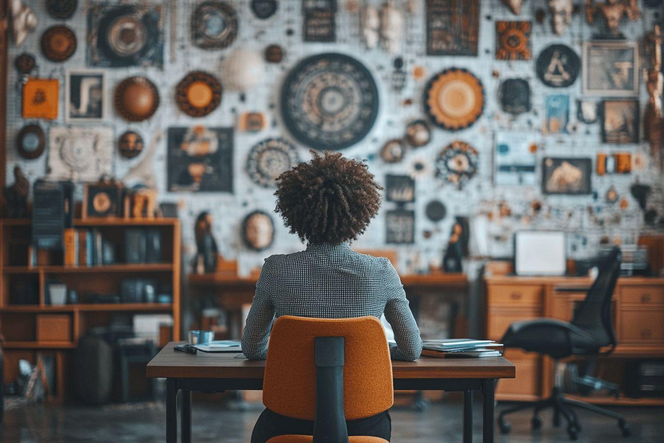 Dos d'une personne assise devant un mur décoré d'art