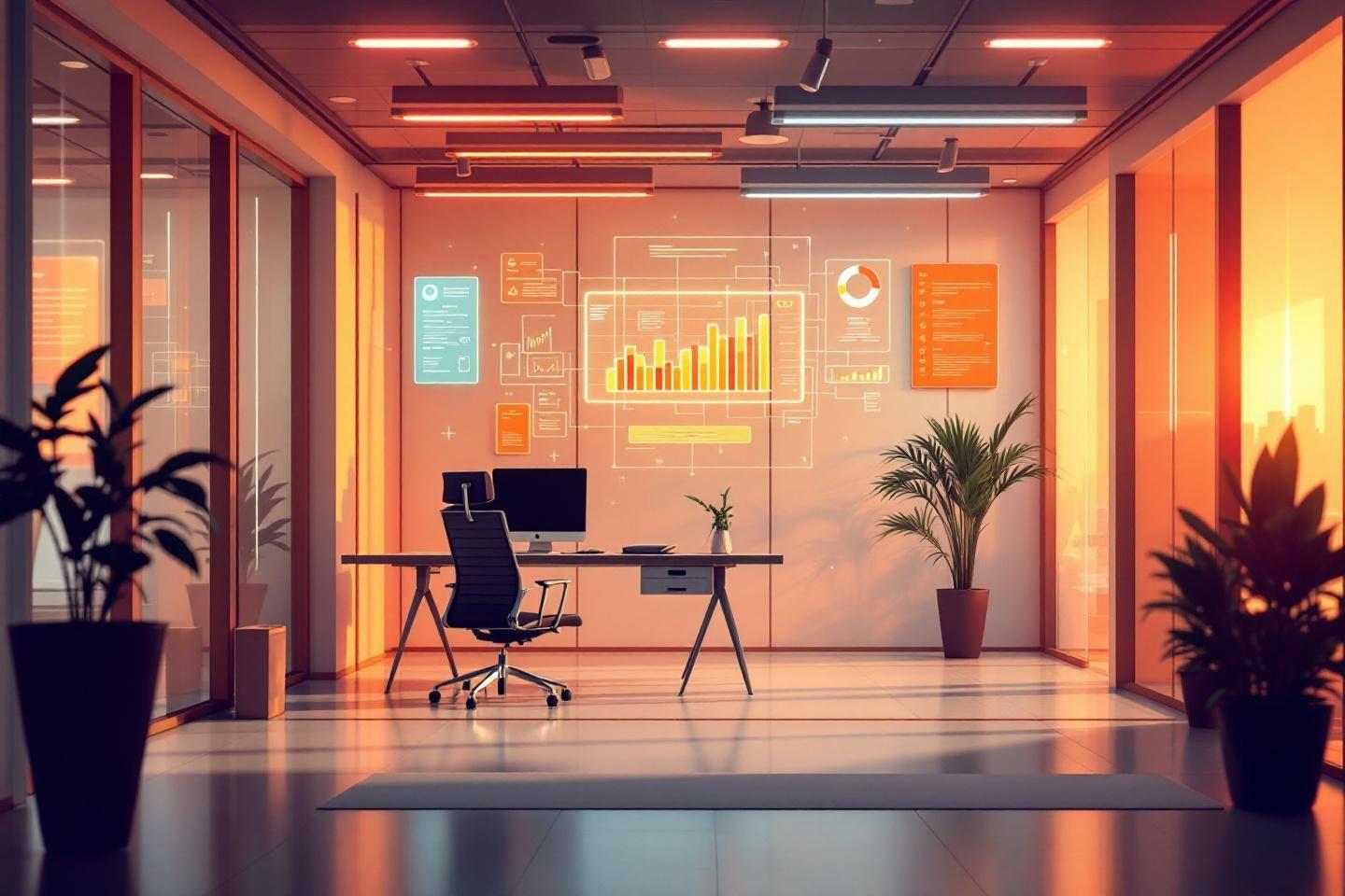 Espace de travail technologique avec graphiques et lumi&egrave;re orange