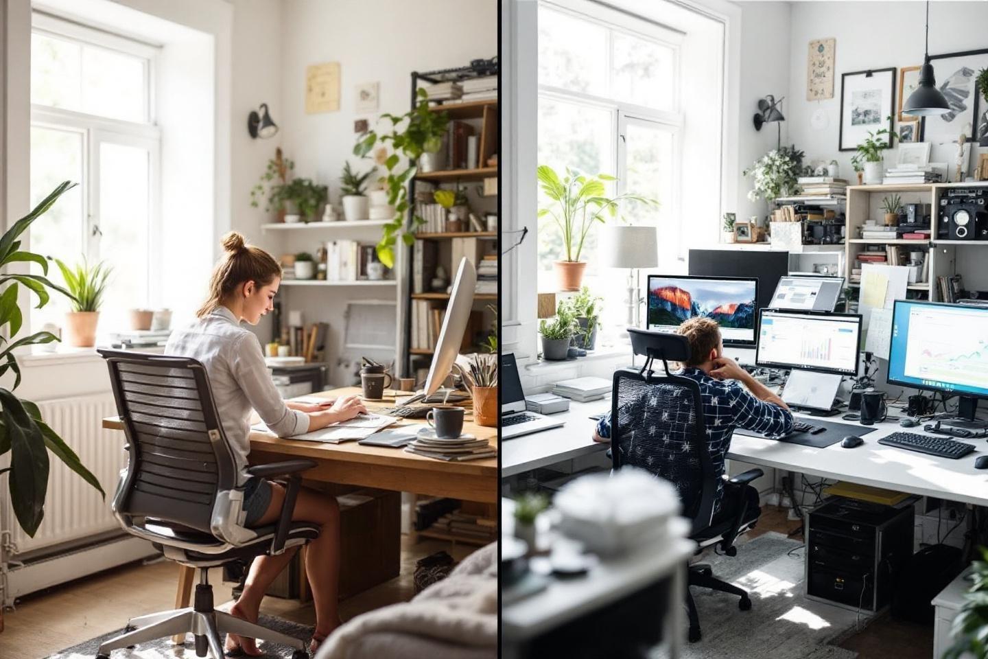 Bureau avec plantes et ordinateurs, diff&eacute;rents styles de travail