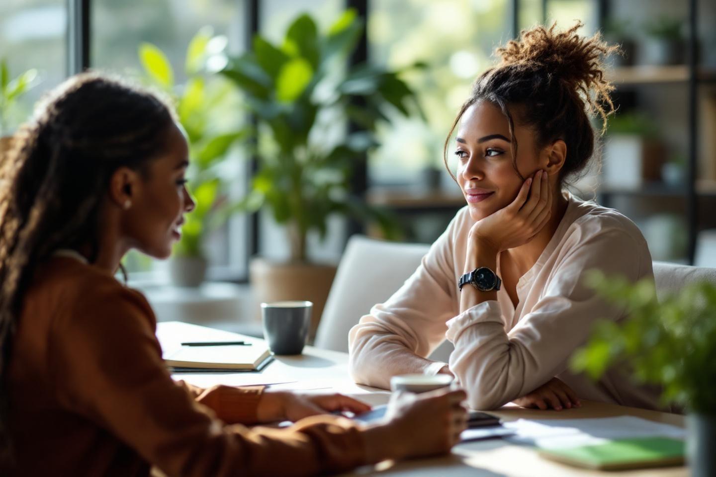 Deux femmes discutant autour d'une table avec des plantes vertes