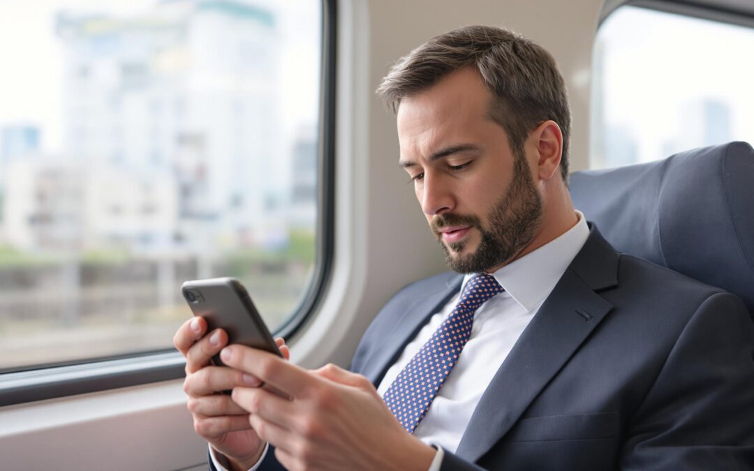Man in suit using smartphone on train