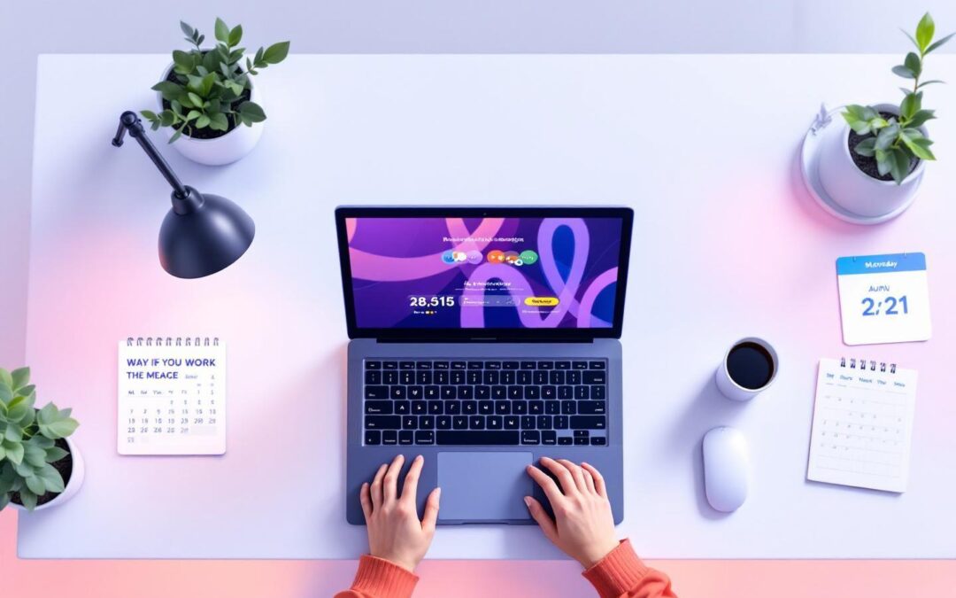 Bureau avec ordinateur portable, plantes, calendrier et café
