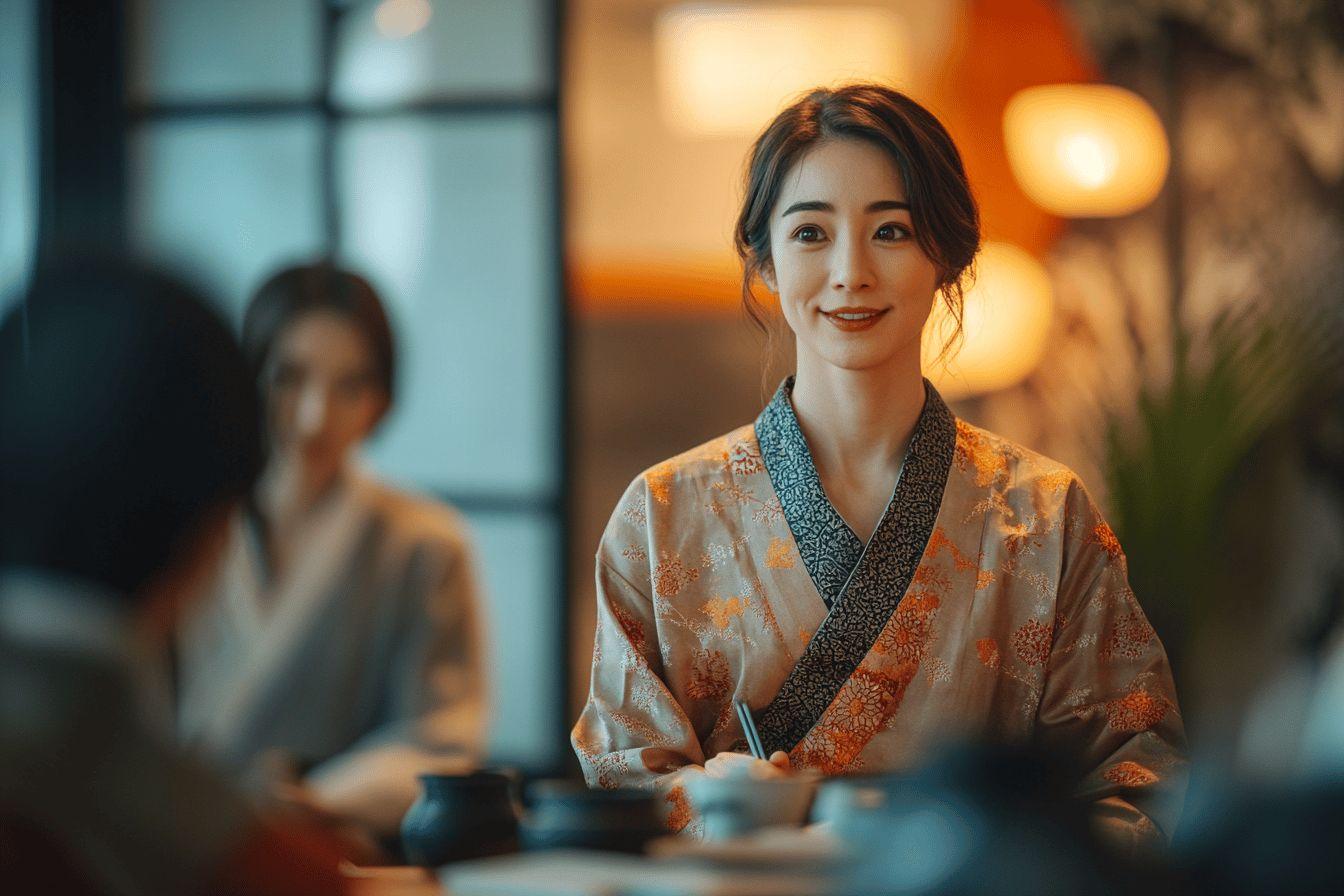 Femme souriante en kimono traditionnel, intérieur chaleureux