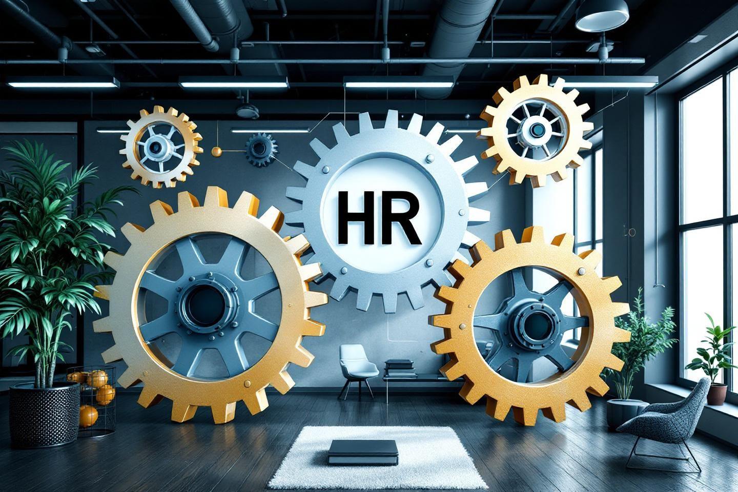 Bureaux HR avec engrenages mécaniques bleus et dorés