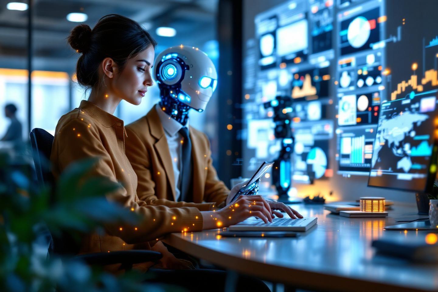Robot et humain travaillant ensemble sur des écrans technologiques