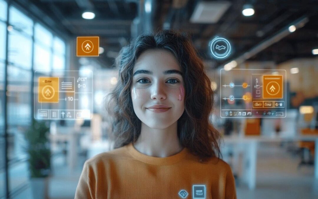 Femme souriante avec des interfaces holographiques futuristes autour d'elle
