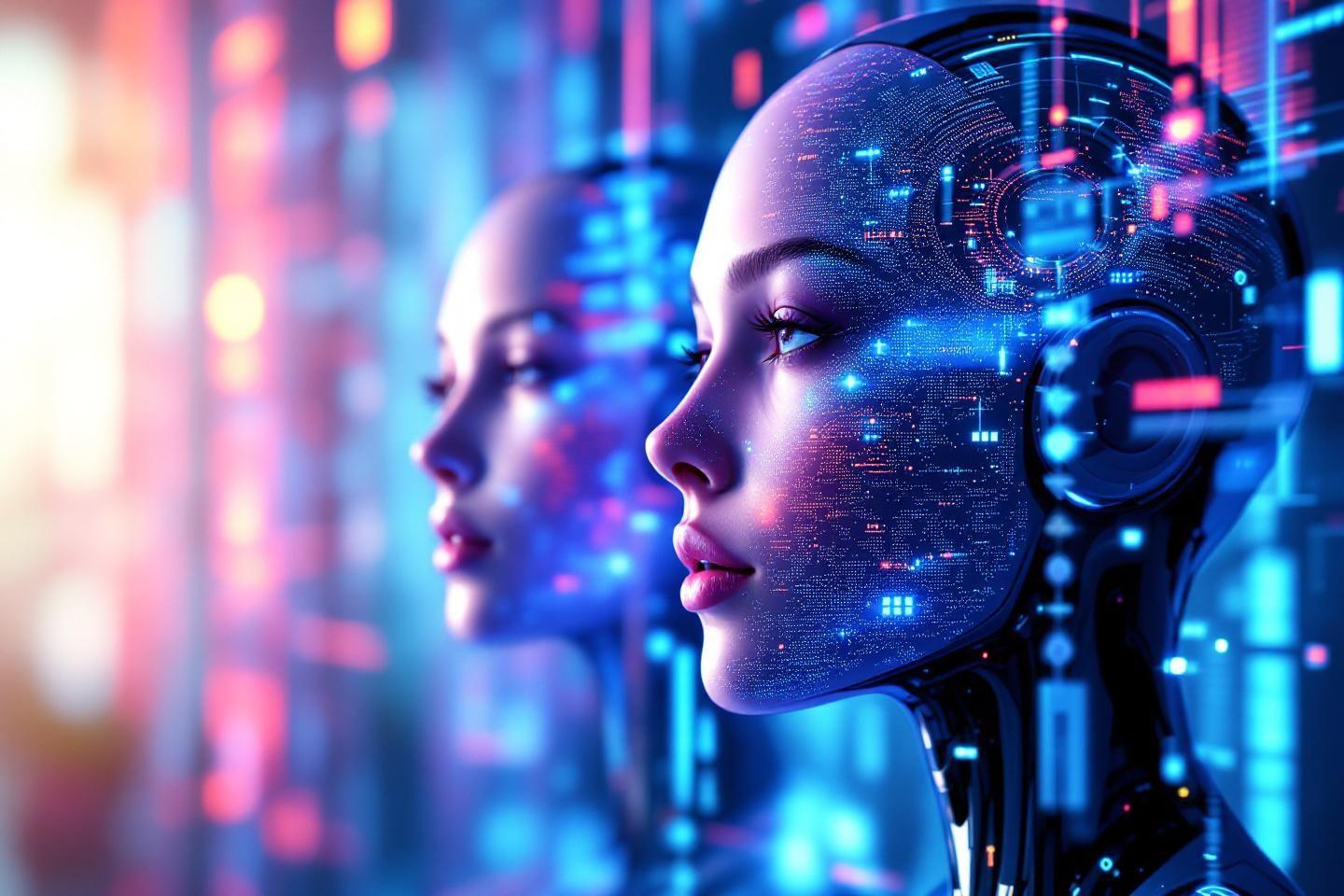 Profils cybernétiques brillants avec interfaces technologiques numériques