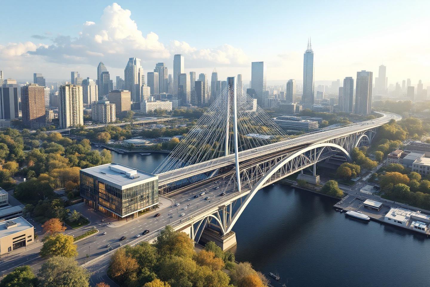 Vue aérienne d'un pont suspendu traversant une rivière et des buildings