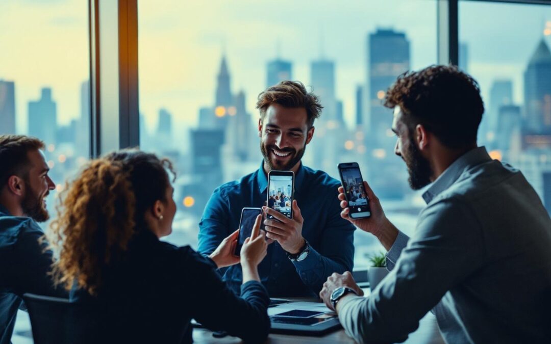 Collègues prenant un selfie avec vue sur la ville