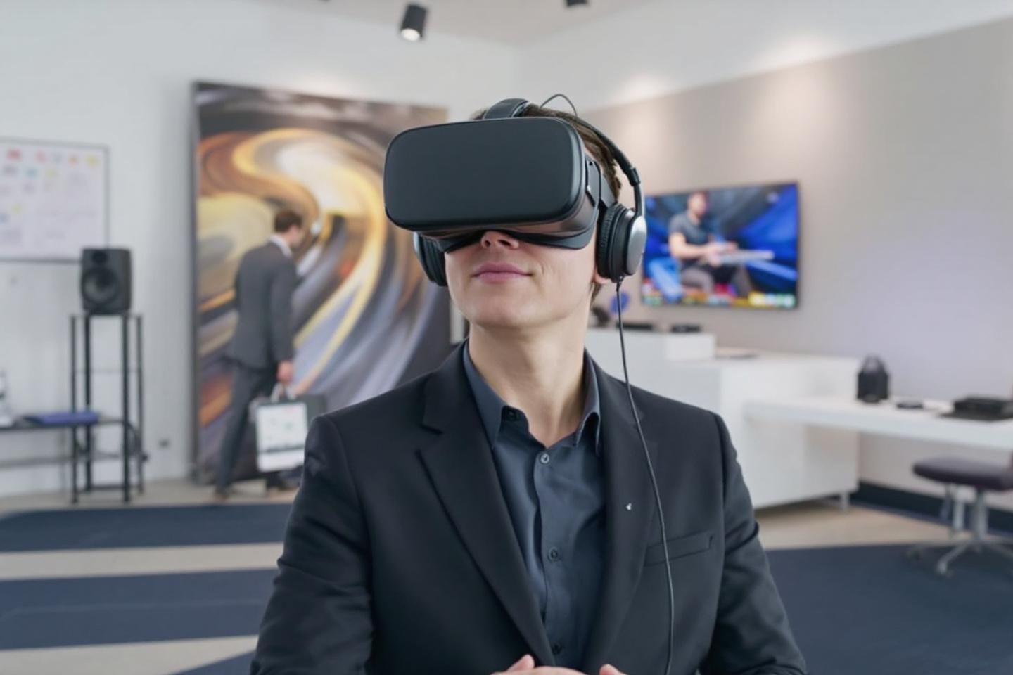 Homme d'affaires portant un casque de réalité virtuelle noir