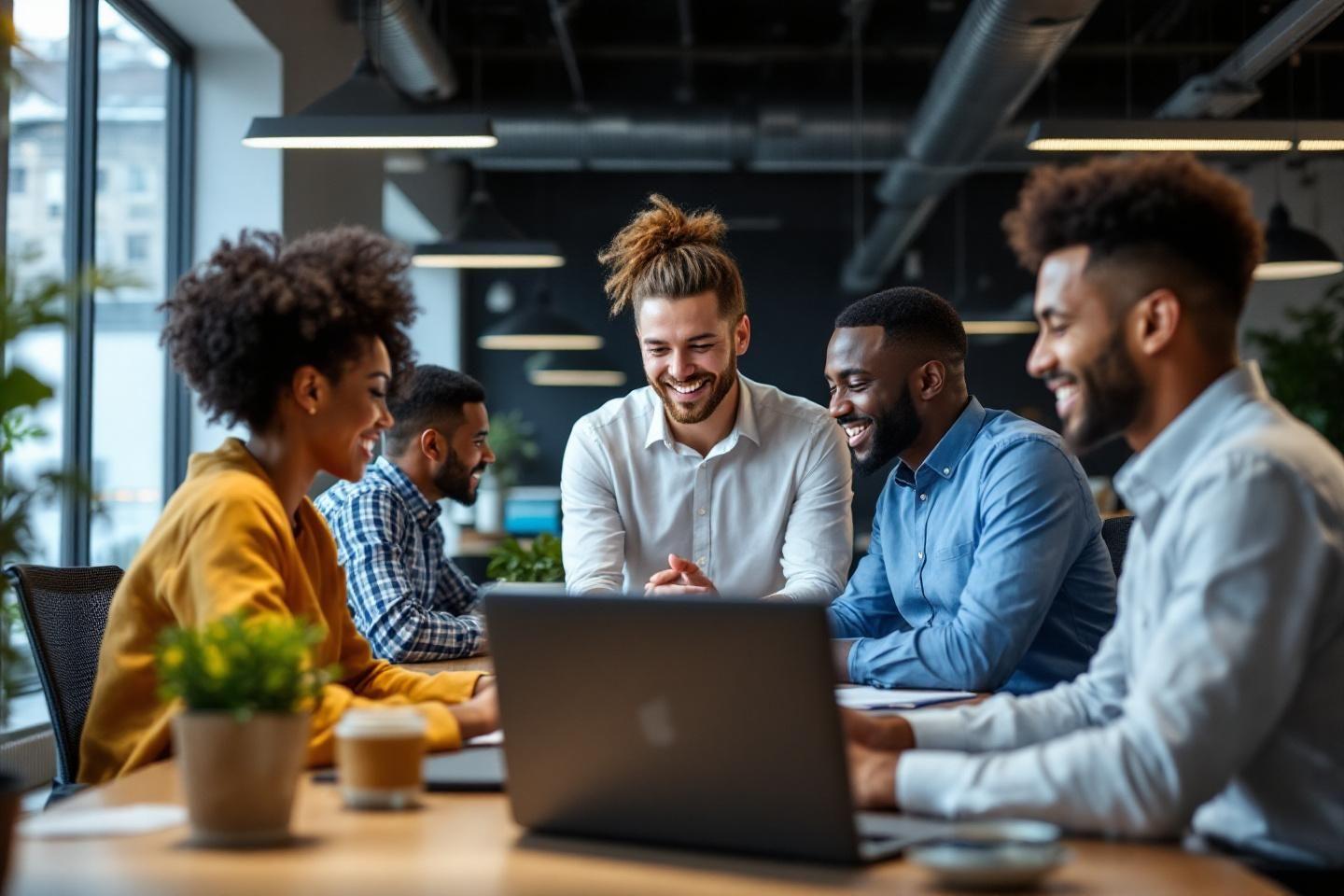 Équipe diversifiée souriante travaillant ensemble autour d'un ordinateur portable