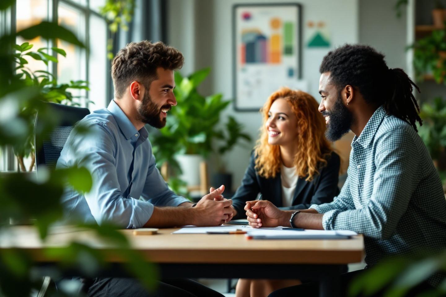 Trois collègues discutant autour d'une table avec des plantes