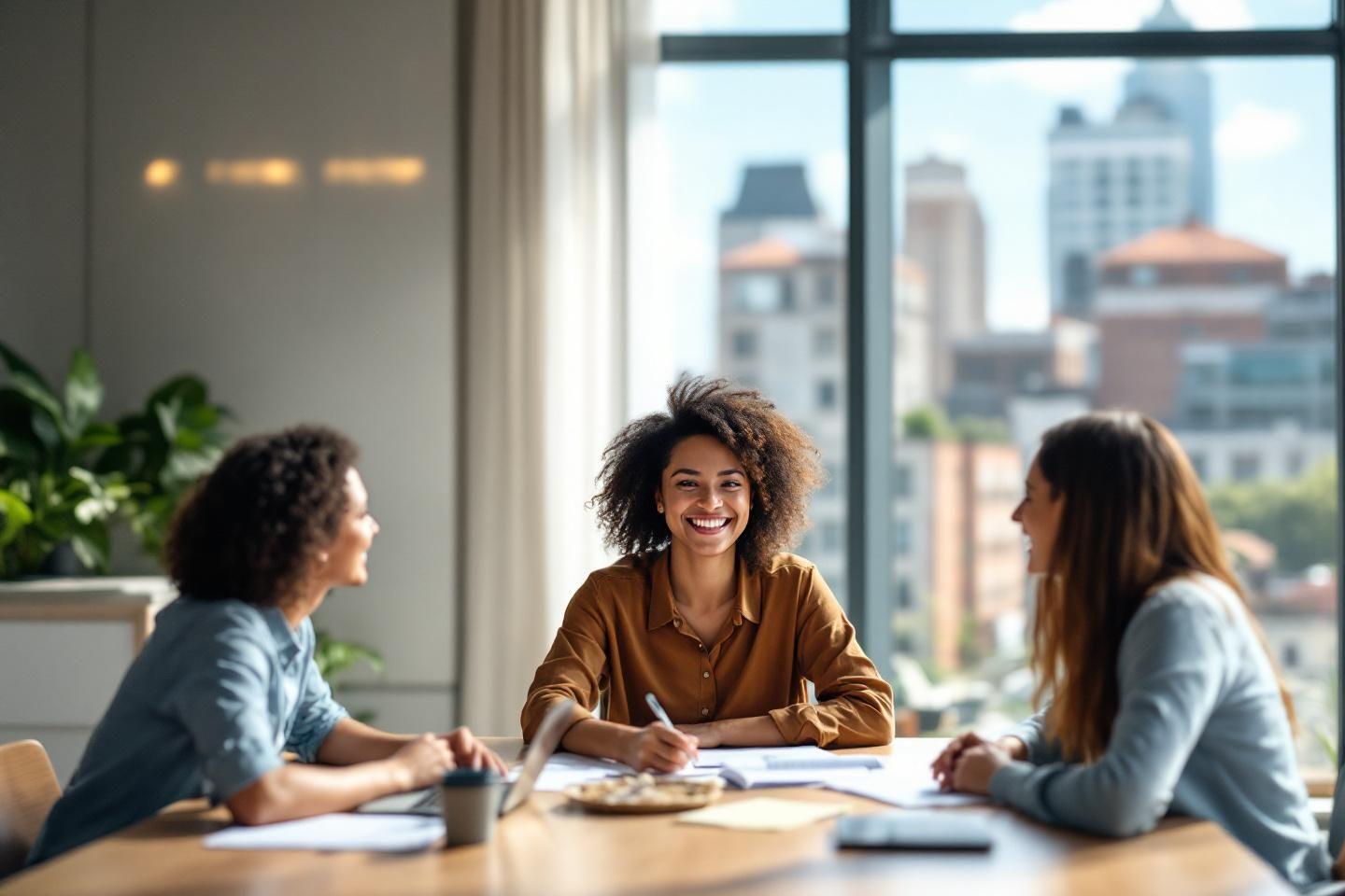 Trois femmes souriantes autour d'une table avec vue urbaine