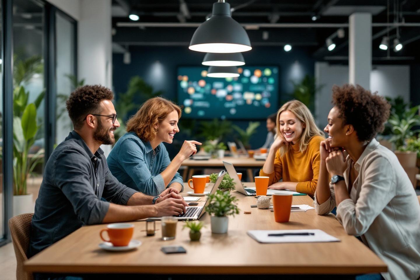 Quatre coll&egrave;gues souriants discutent autour d'une table de travail