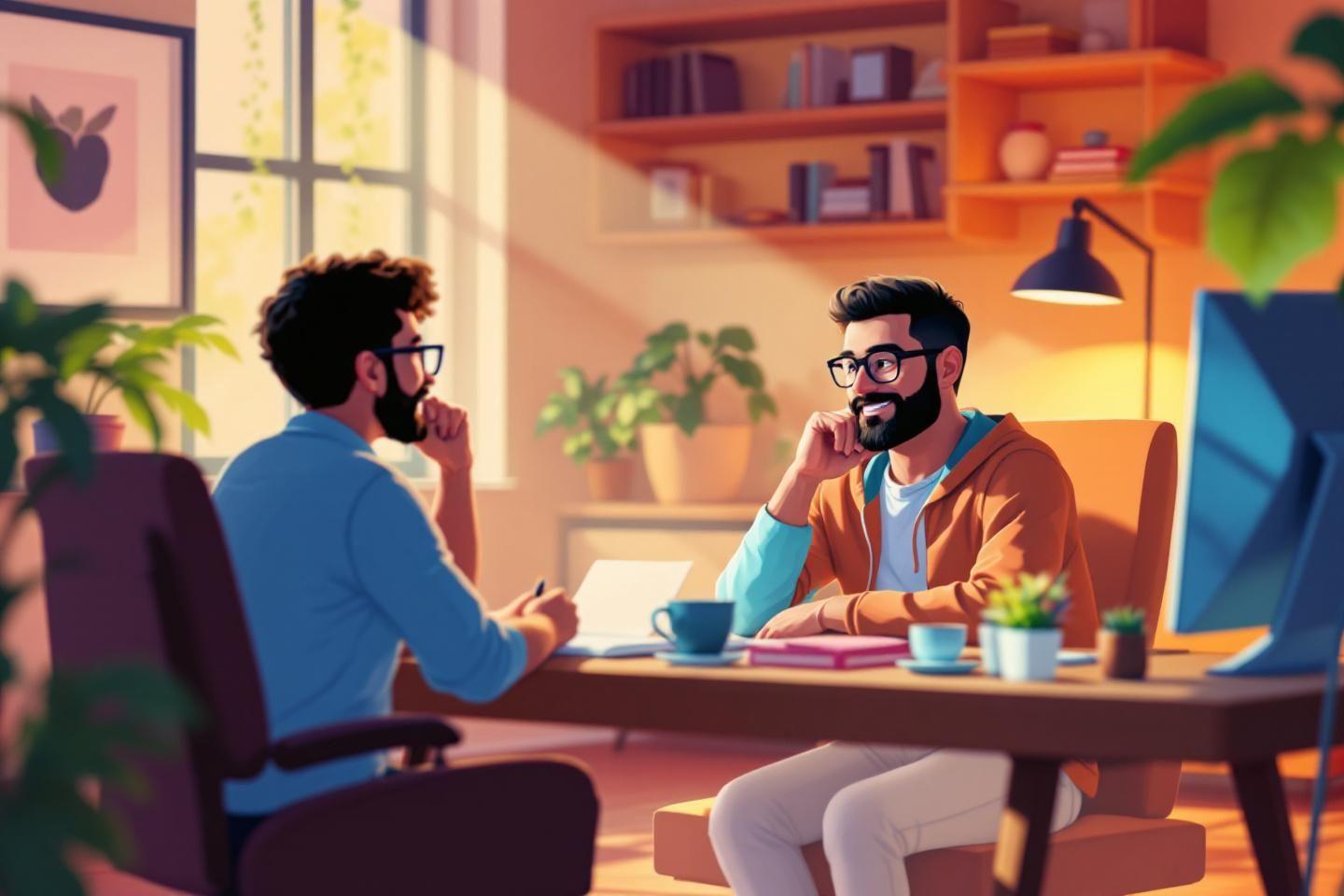 Deux coll&egrave;gues discutant dans un bureau lumineux et moderne