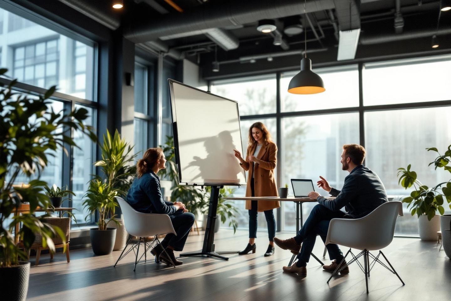 Trois personnes en r&eacute;union dans un espace de travail lumineux et v&eacute;g&eacute;tal