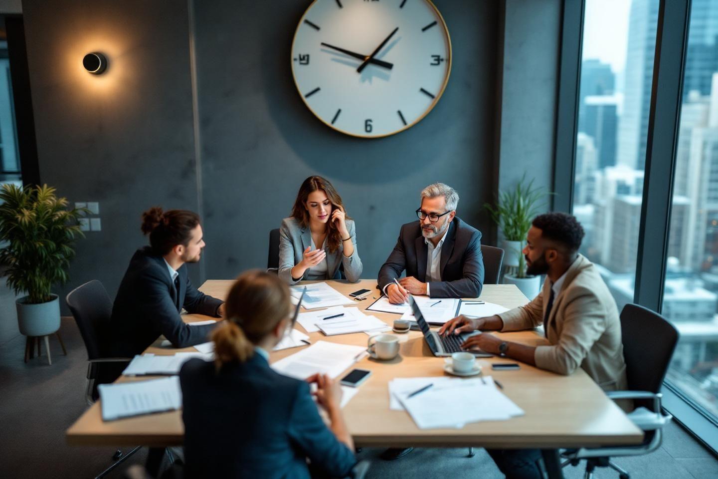 Équipe professionnelle en discussion dans un bureau contemporain