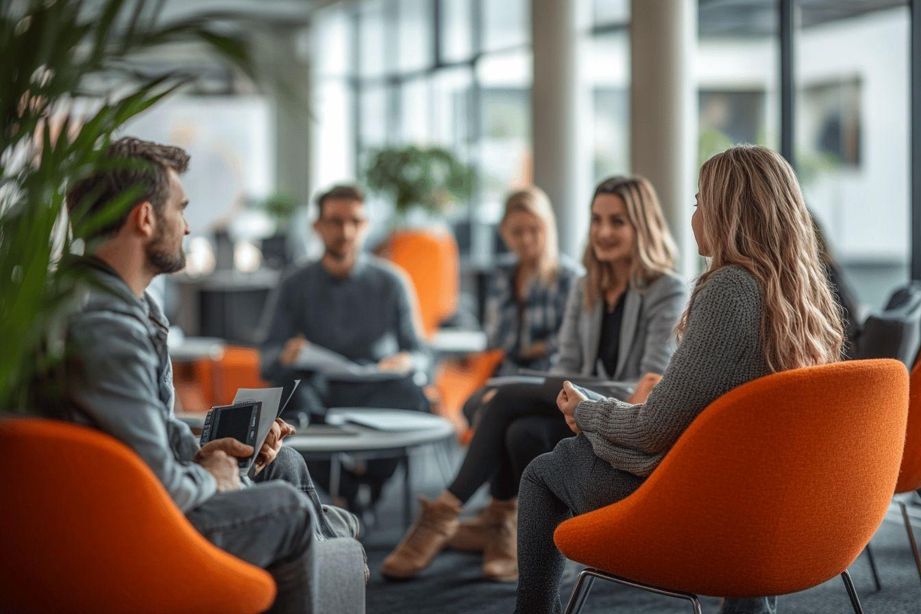 Groupe de professionnels discutant dans un bureau contemporain lumineux