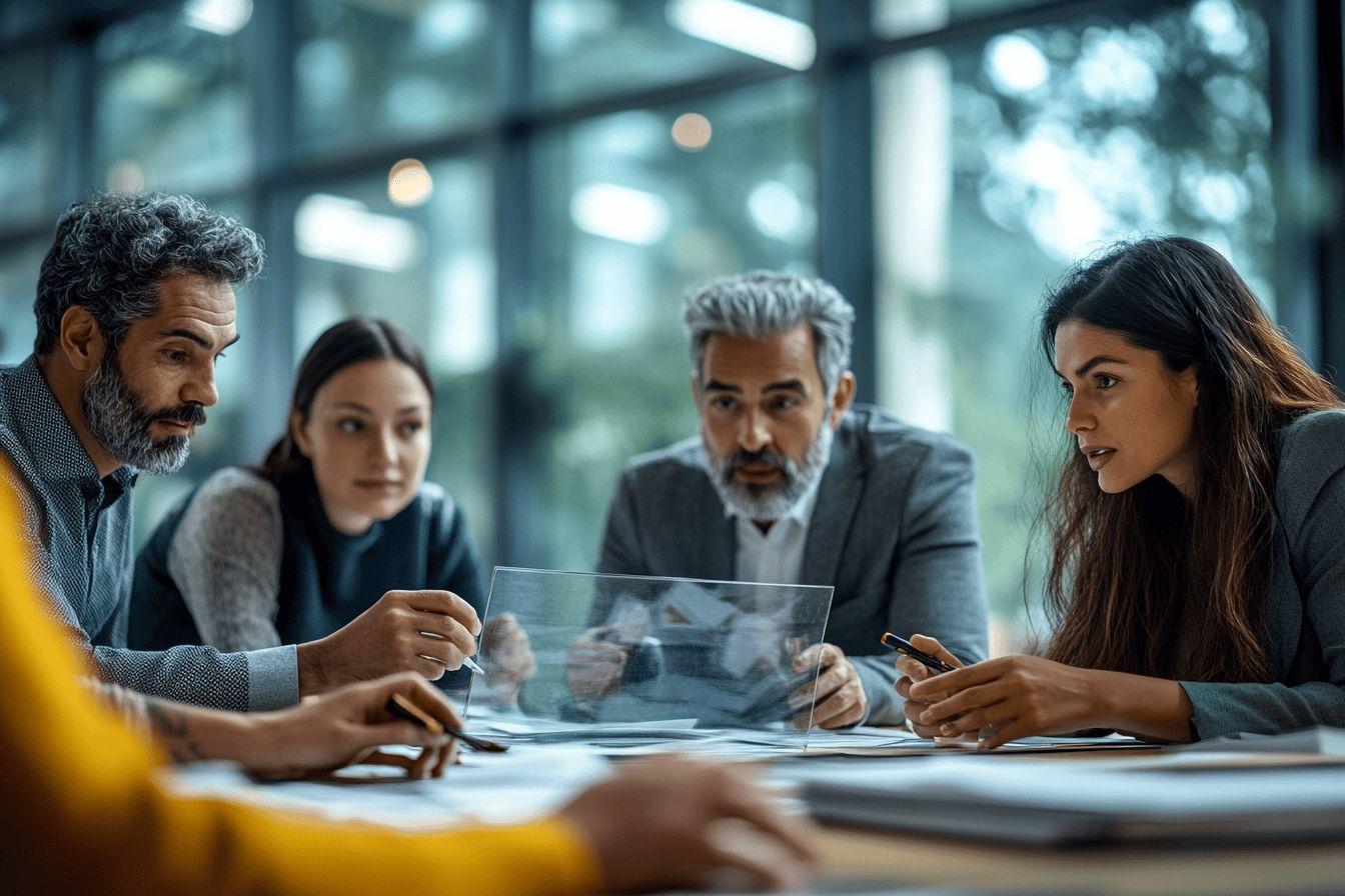 Quatre professionnels discutant autour d'un document transparent
