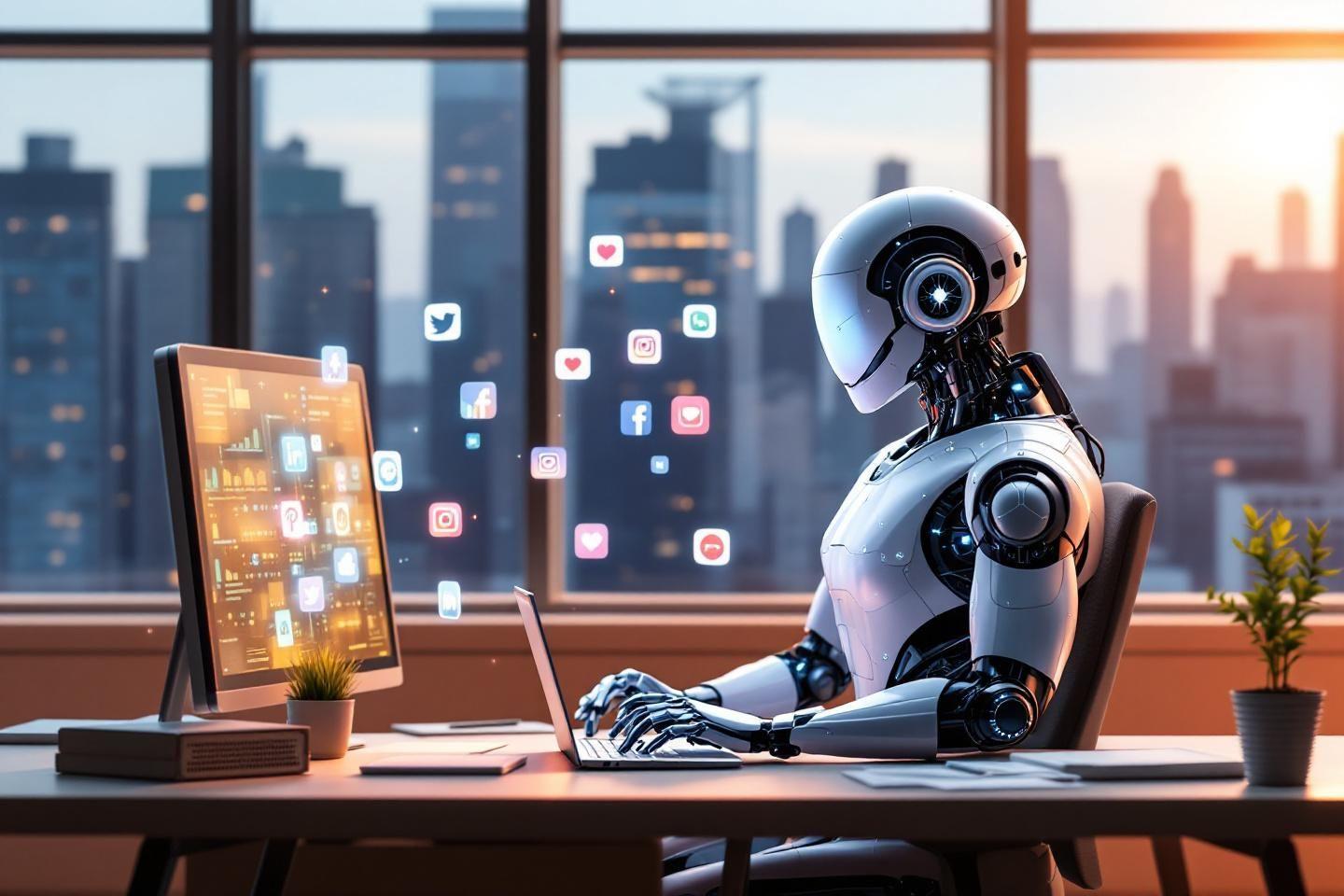 Robot blanc travaillant sur un ordinateur avec des icônes de médias sociaux