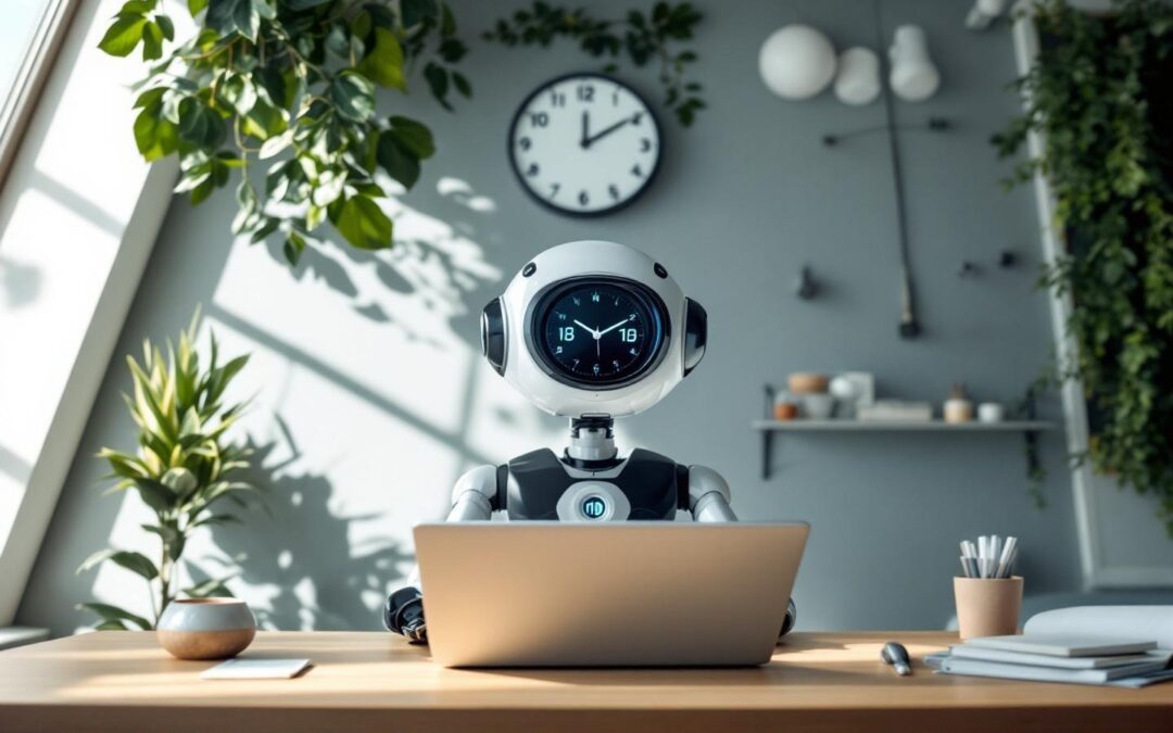 Robot blanc avec écran facial assis à un bureau avec des plantes