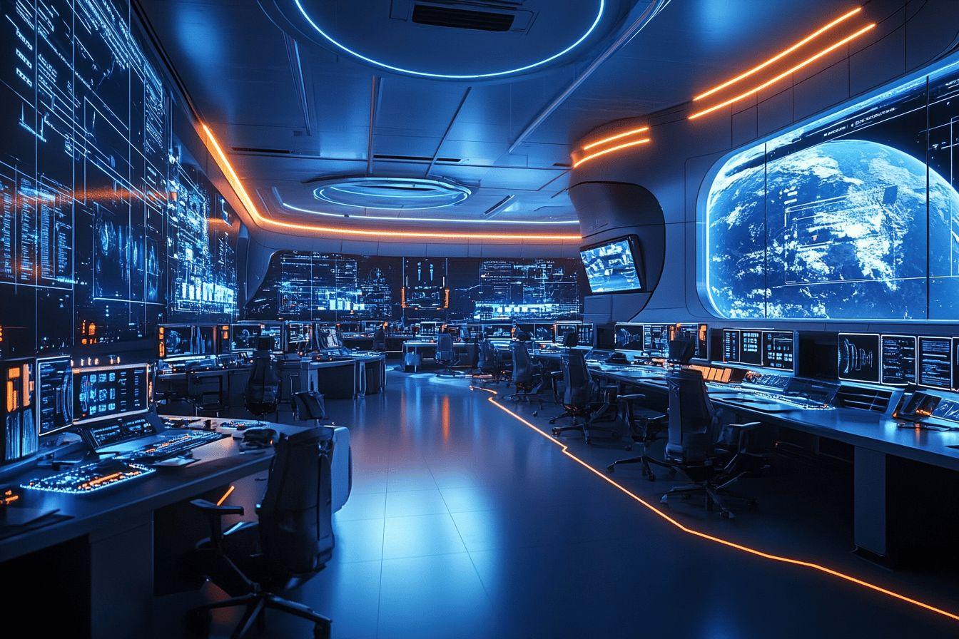 Poste de pilotage high-tech bleu avec vue sur la Terre