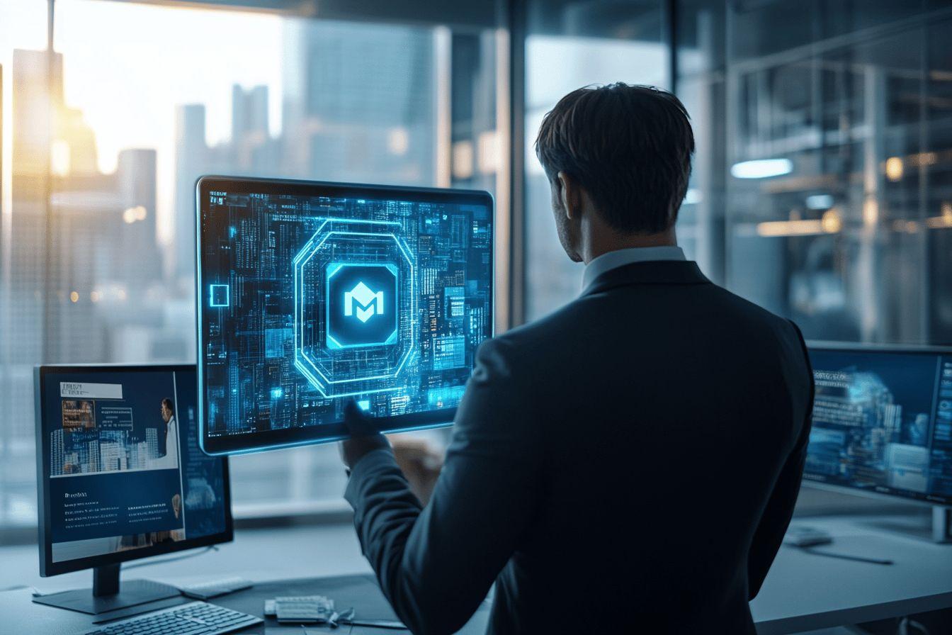 Professionnel travaillant sur écran holographique avec interface futuriste