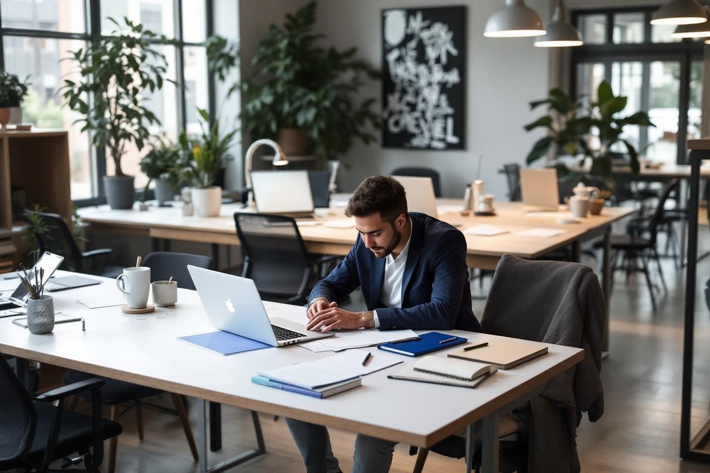Homme d'affaires travaillant sur ordinateur portable dans un bureau verdoyant