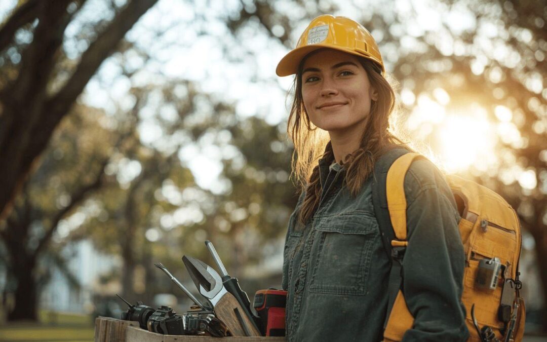 Jeune femme casque jaune, outils, sourire, forêt en arrière-plan