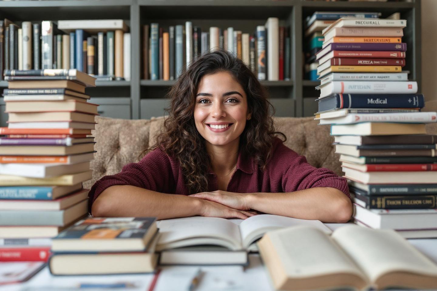 Jeune femme heureuse assise avec de nombreux livres ouverts