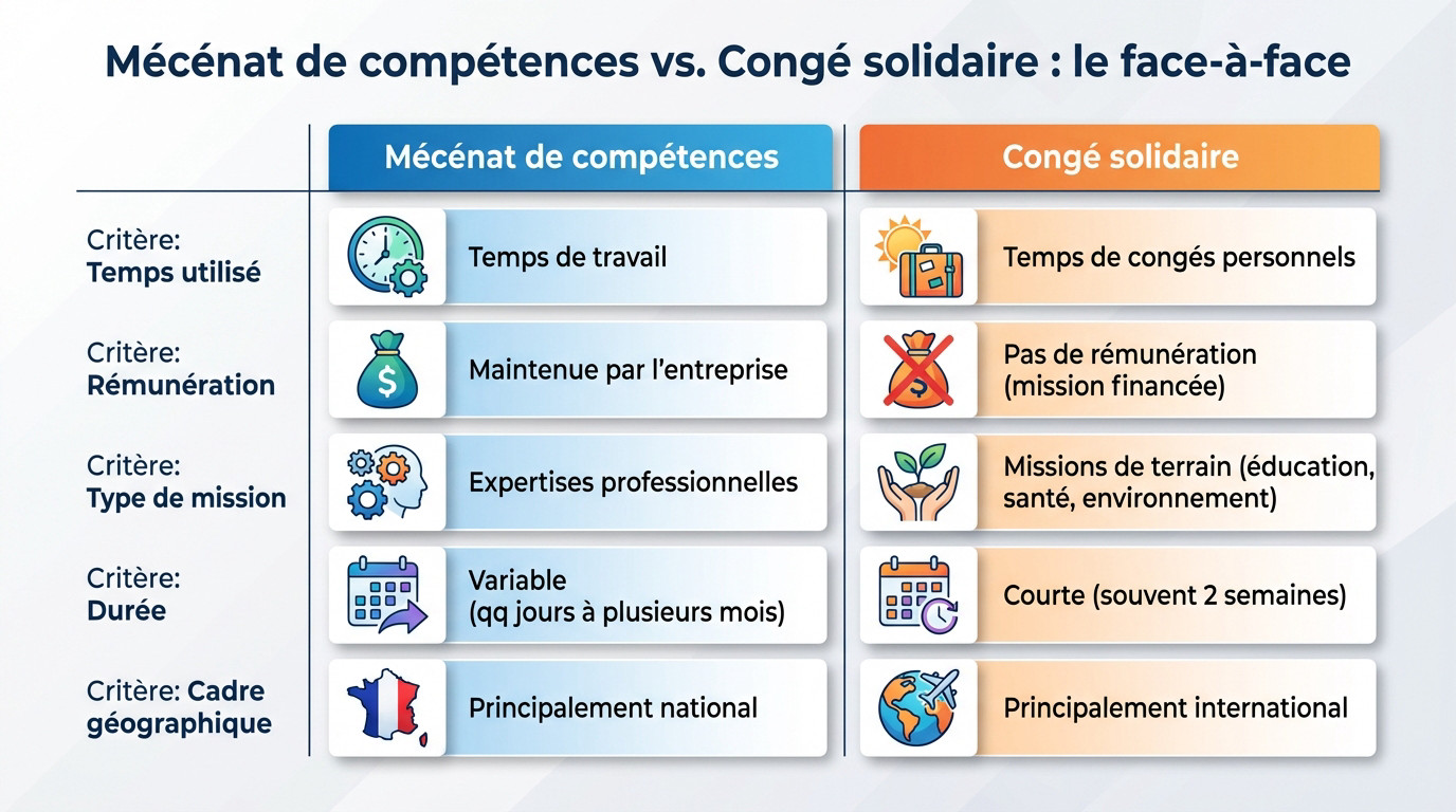 Comparaison visuelle entre le mécénat de compétences et le congé solidaire pour l'engagement des collaborateurs