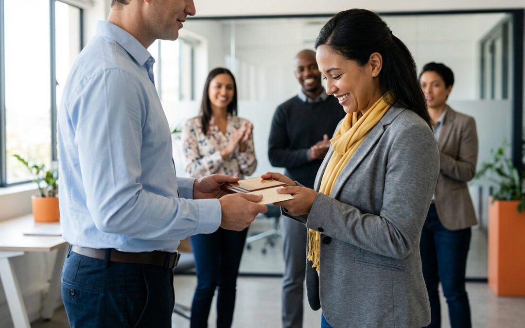 A man presents an award to a smiling woman in a modern office, while colleagues clap in the softly blurred background.