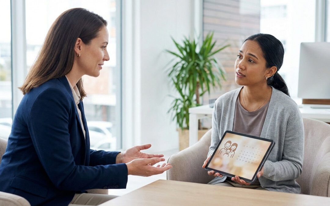 An HR professional listens to an employee caregiver holding a tablet with a family icon and calendar in a modern office.