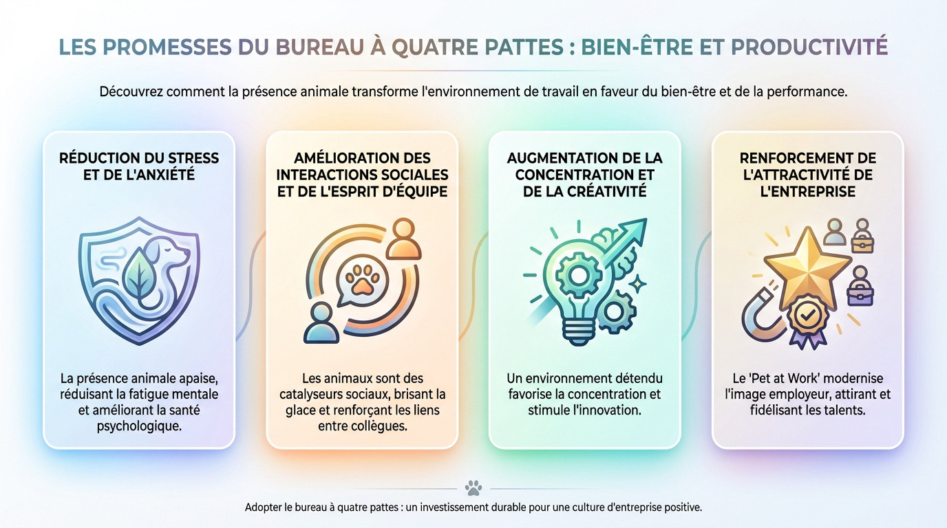Chien détendu dans un open space moderne symbolisant le bien-être au travail