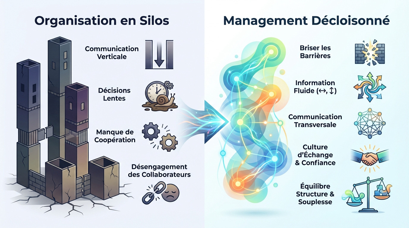 Schéma comparatif entre une organisation en silos rigides et un management décloisonné favorisant la transversalité