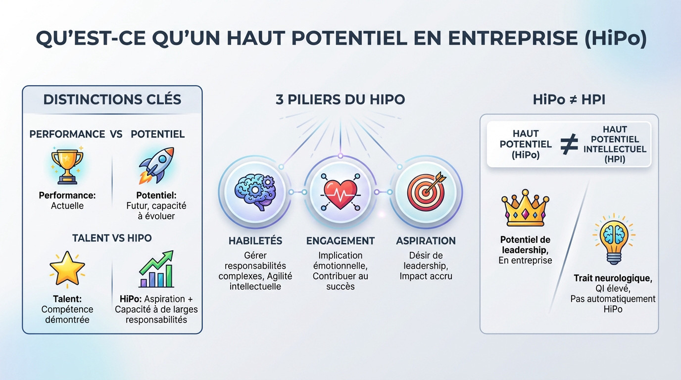Schéma illustrant la différence entre un employé performant et un haut potentiel en entreprise