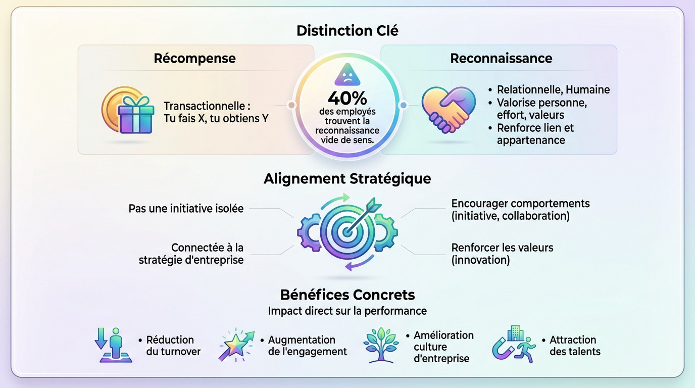 Schéma comparatif montrant la différence stratégique entre la reconnaissance émotionnelle et la récompense transactionnelle