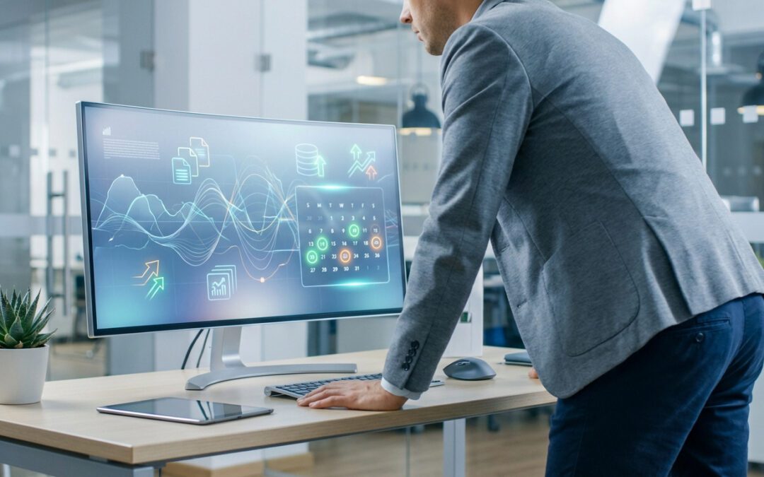 Professionnel analysant des graphiques, icônes de données et calendrier sur un écran d'ordinateur, au bureau.