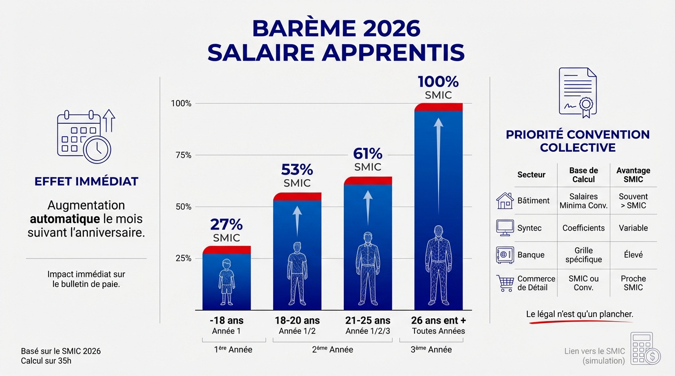Tableau récapitulatif des salaires apprentis 2026 par âge et année