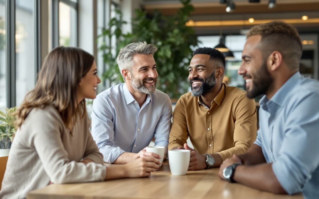 Équipe d'une PME en pause autour d'un café dans des bureaux modernes