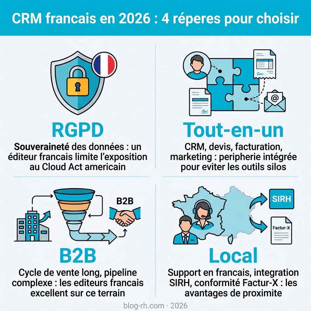 Infographie : 4 reperes CRM francais 2026