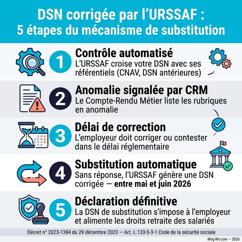 Infographie : DSN corrigée par l'URSSAF, 5 étapes du mécanisme de substitution