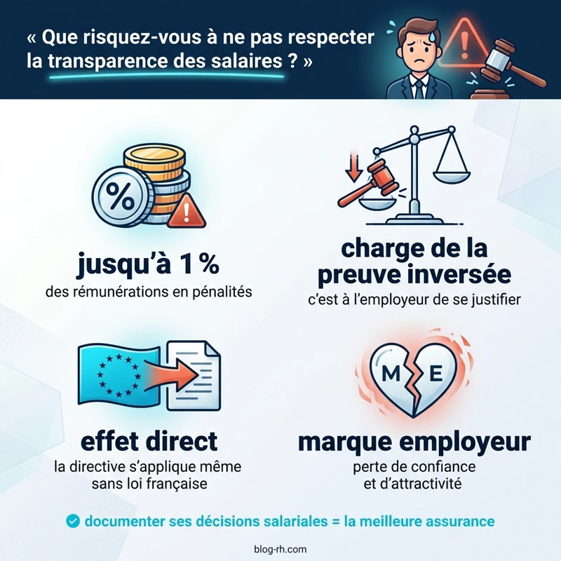 Infographie : que risquez-vous à ne pas respecter la transparence des salaires (sanctions et risques)