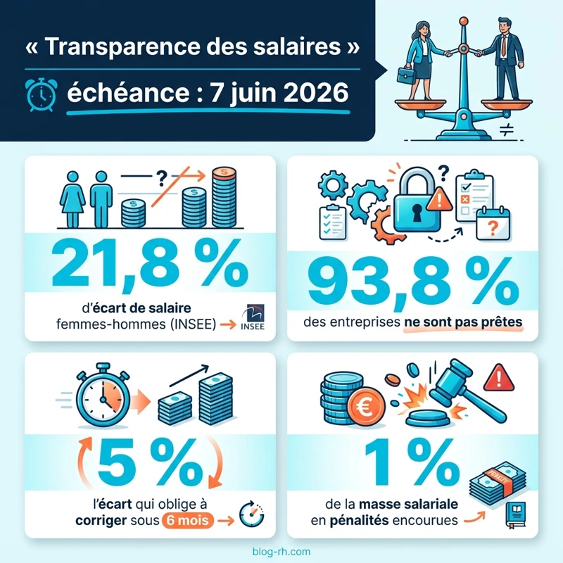 Infographie : transparence des salaires, les chiffres clés et l'échéance du 7 juin 2026