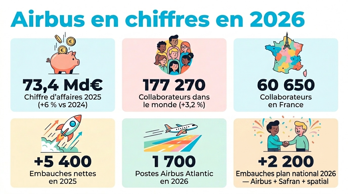 Infographie Airbus en chiffres 2026 : chiffre d'affaires 73,4 milliards, 177 270 collaborateurs dont 60 650 en France, plus de 5 400 embauches nettes en 2025, plan 1 700 postes Airbus Atlantic, plan national 2 200 postes